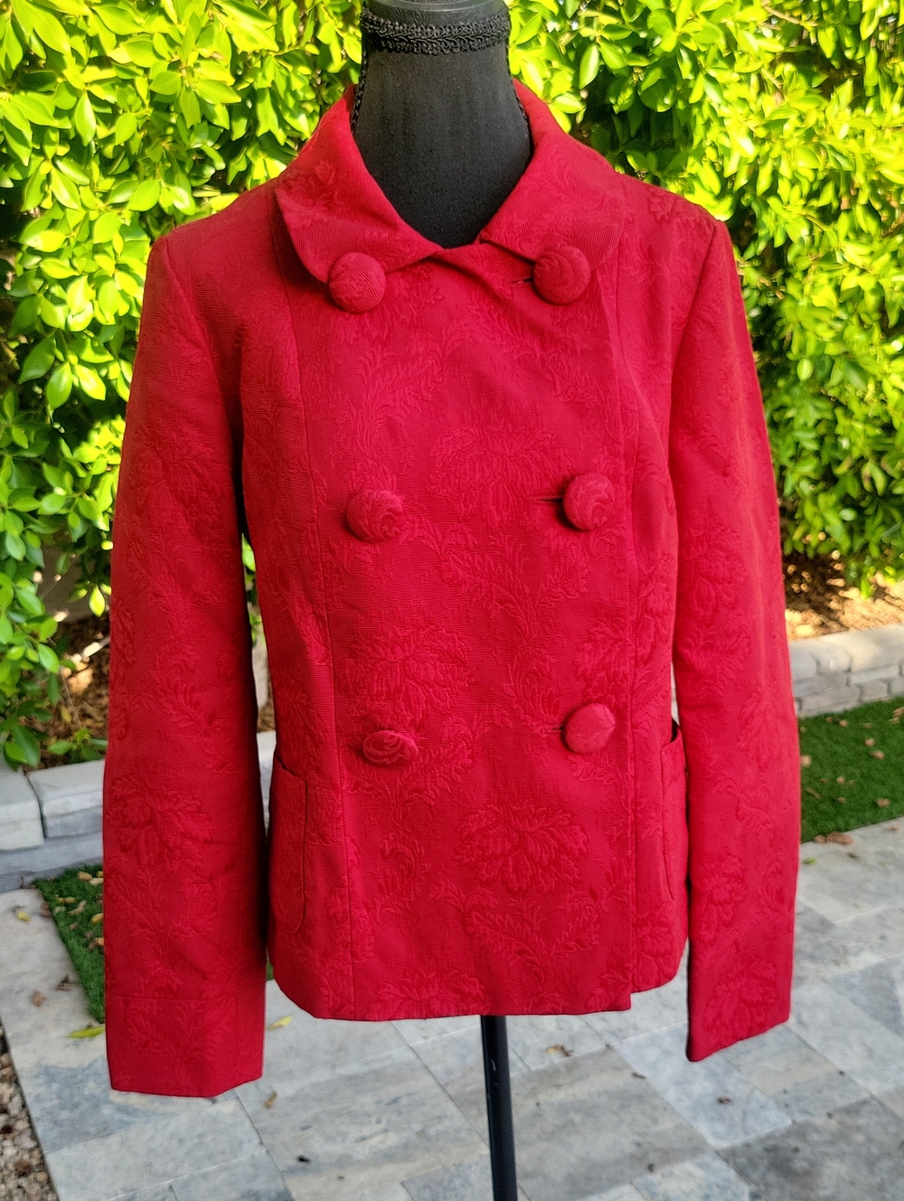 Talbots Red Floral Jacquard Double Breasted Jacket Blazer Holiday Crop Coat M